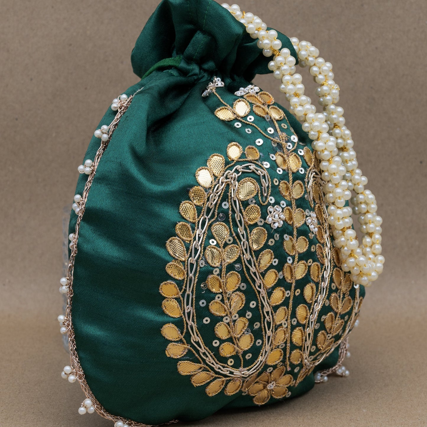Saanj Women Green Satin Rajwadi Edit Designer Potlis