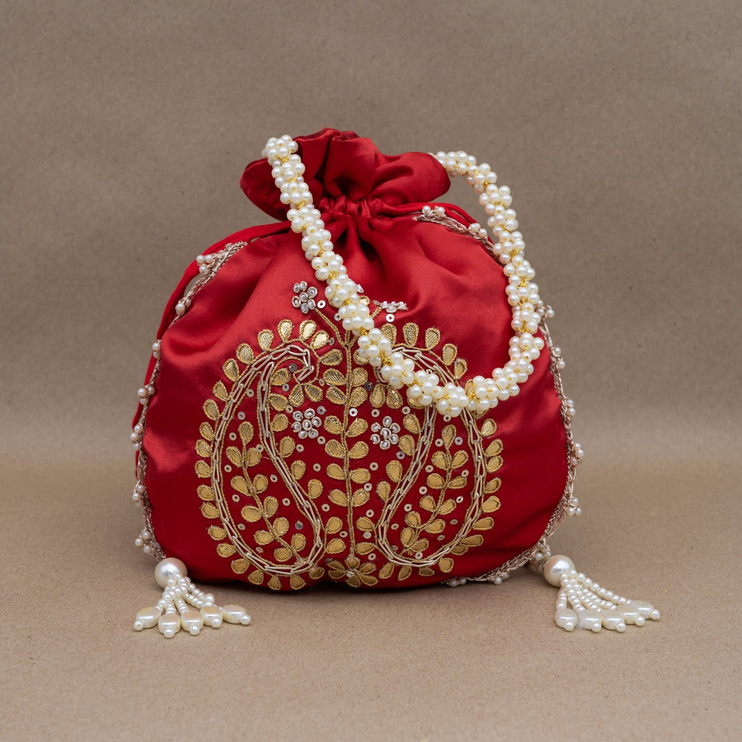 Saanj Women Red Satin Rajwadi Edit Designer Potlis