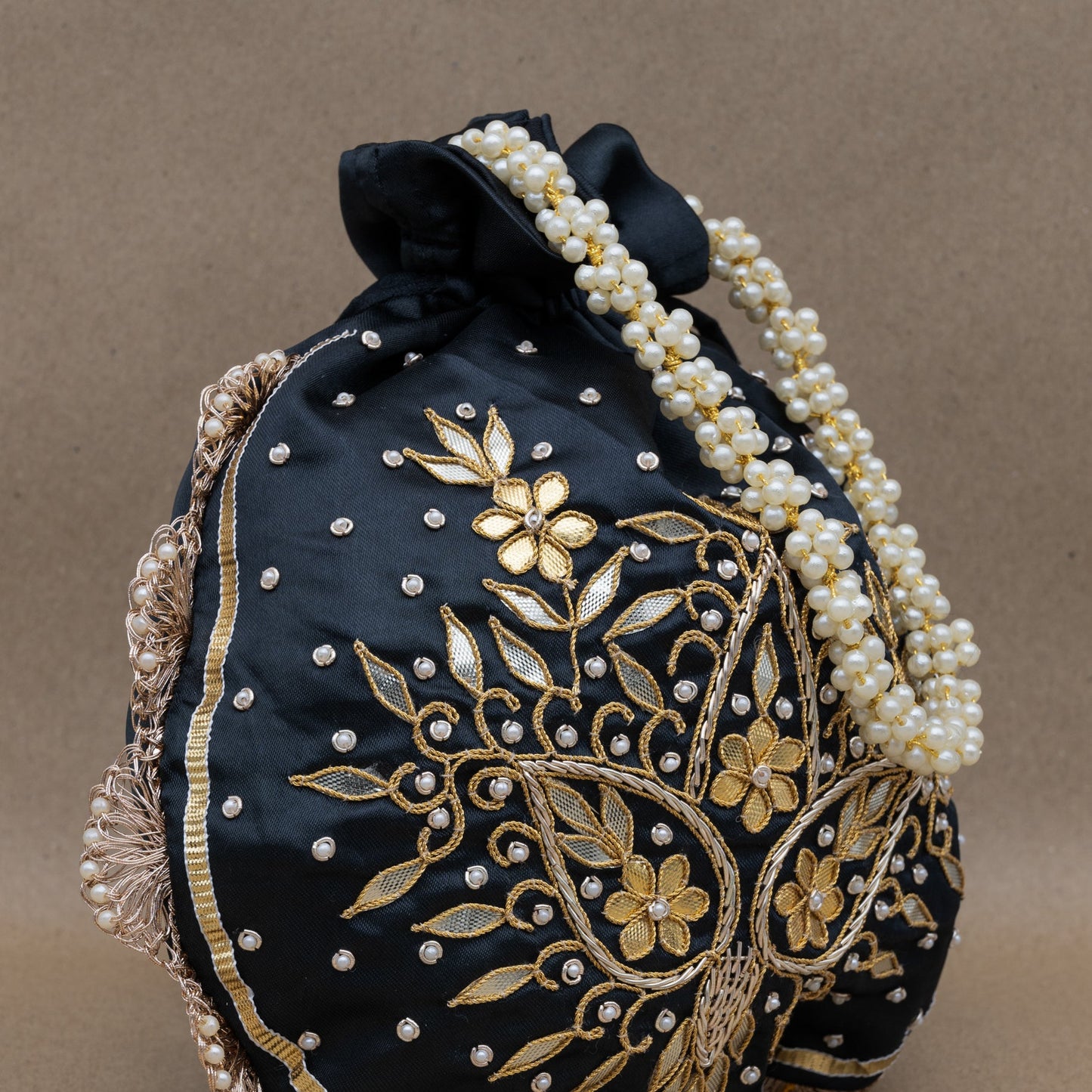 Saanj Women Navy Blue Satin Rajwadi Edit Designer Potlis