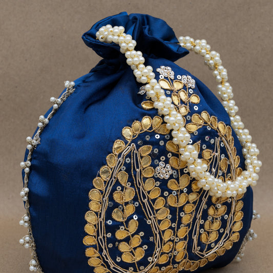 Saanj Women Royal Blue Satin Rajwadi Edit Designer Potlis