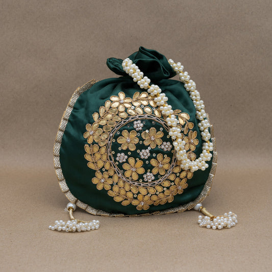 Saanj Women Green Satin Rajwadi Edit Designer Potlis