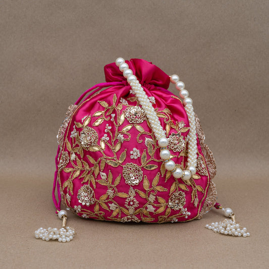 Saanj Women Fuschia Pink Satin Rajwadi Edit Designer Potlis