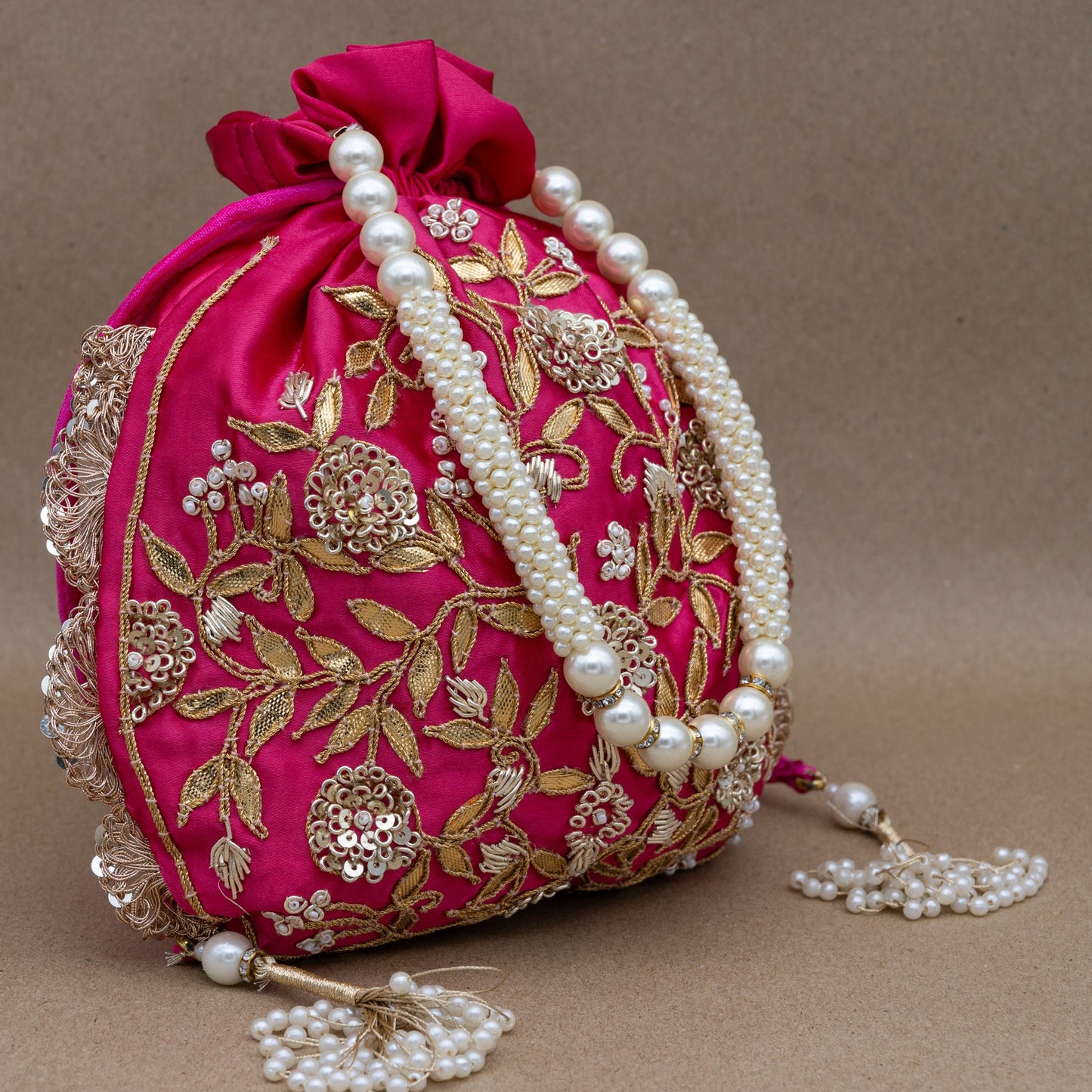 Saanj Women Fuschia Pink Satin Rajwadi Edit Designer Potlis