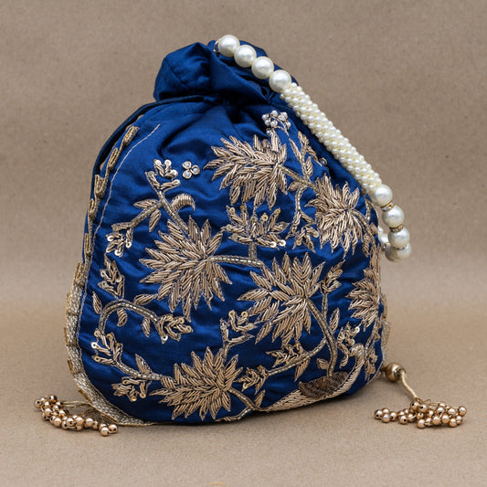 Saanj Women Blue RAW SILK Rajwadi Edit Designer Potlis
